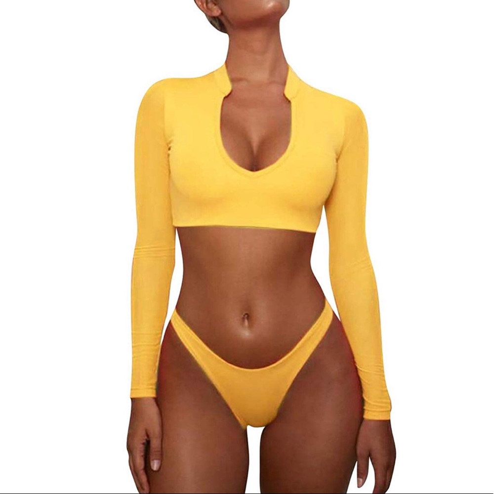 High Waisted Mesh Long Sleeve Swimsuit (Yellow)
